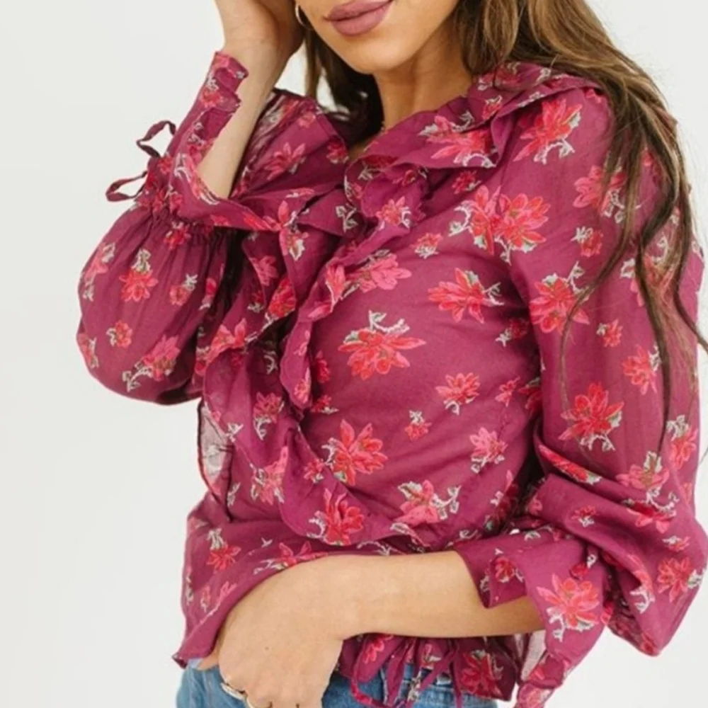 Free People Women’s Amanda Ruffle Top Sultry Combo Wrap Blouse size XL